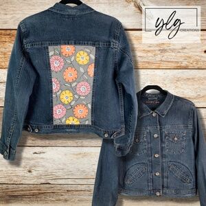 Floral Denim Jacket Hand Painted Jean Floral Denim Pink Yellow Womens XL